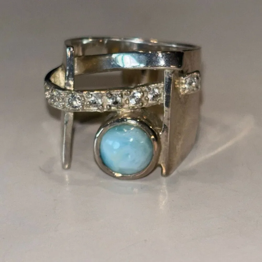 Marahlago Larimar Dante Sterling silver white topaz sculpture ring Sz 8 - Picture 4 of 12